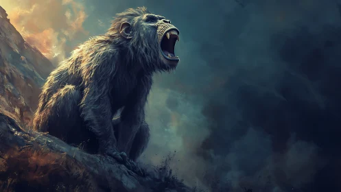 Roaring primate on rocky ridge under dark storm sky.