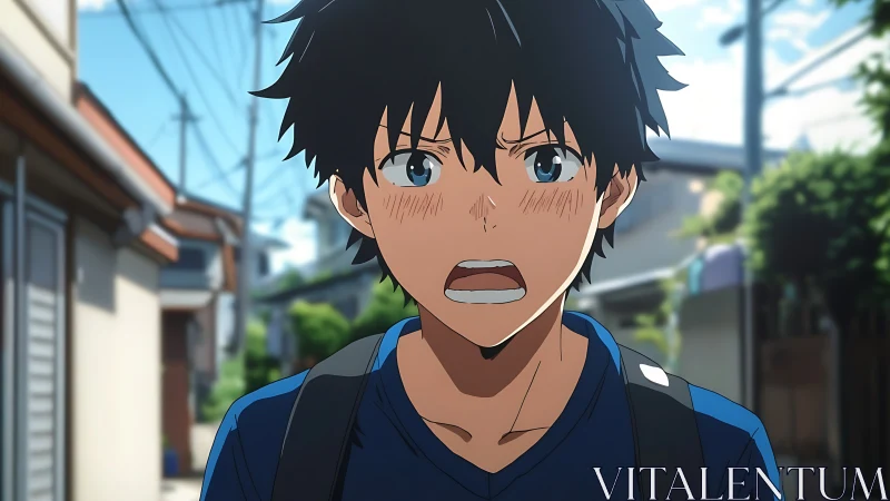 Animated boy reacts strongly while walking in alleyway