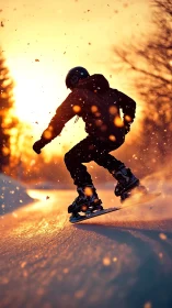 Snowboarder carves glowing trail through fiery winter sunset