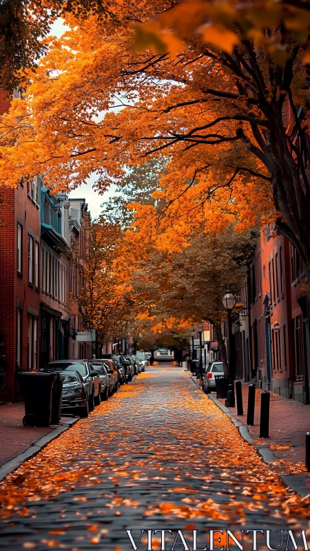Cobblestone city street glows under dense autumn foliage