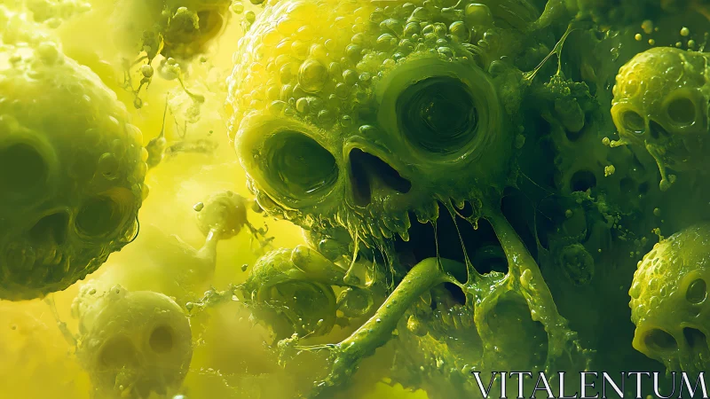 Mutating toxic skull swarm in acidic neon slime haze.