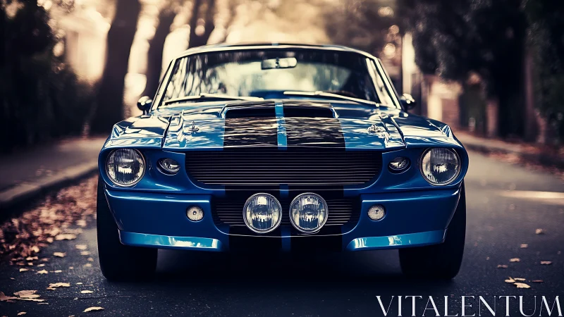 Vintage blue muscle car with racing stripes on street