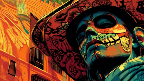 Chromatic calavera portrait with architectural urban overlays.