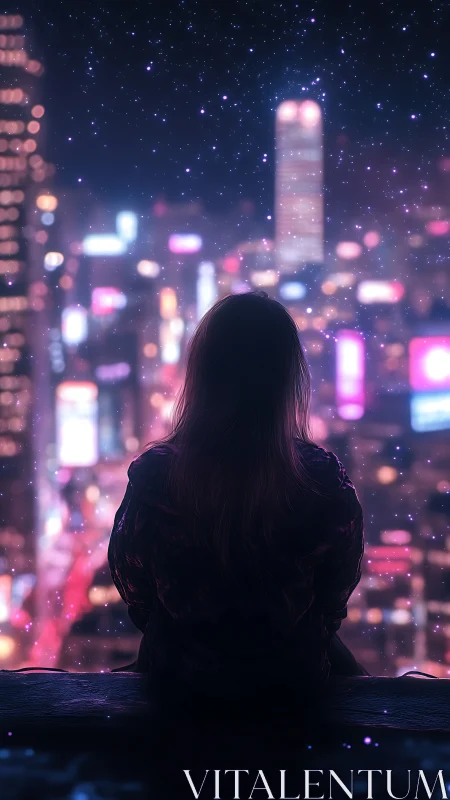 Silhouetted dreamer gazes over neon city at starry night.