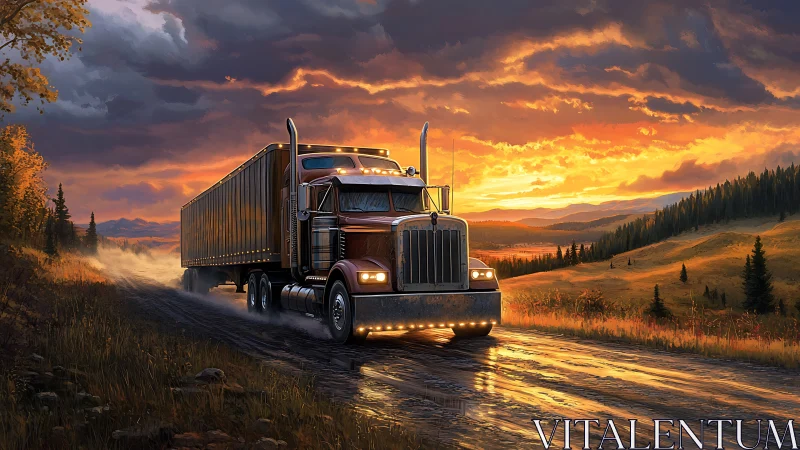 Sunset freightliner roaring along rain-glazed country road.