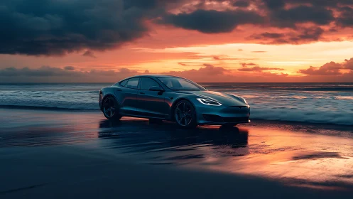 Electric luxury sedan glows against a dramatic ocean sunset