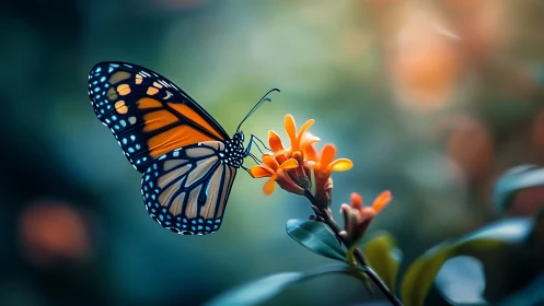 Monarch daydream alights on flame-bright garden bloom.