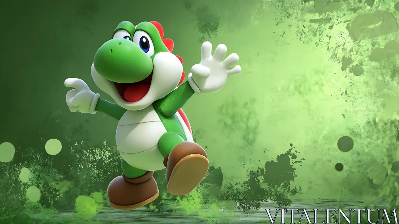 Green cartoon dinosaur character in dynamic 3D pose.