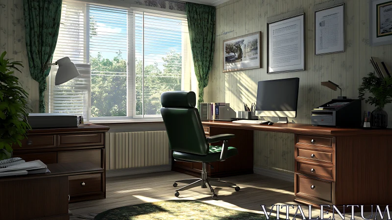 Home office interior with desk, chair, and window light.