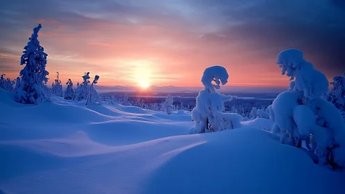 Winter sunrise over sculpted snowdrifts and forests.