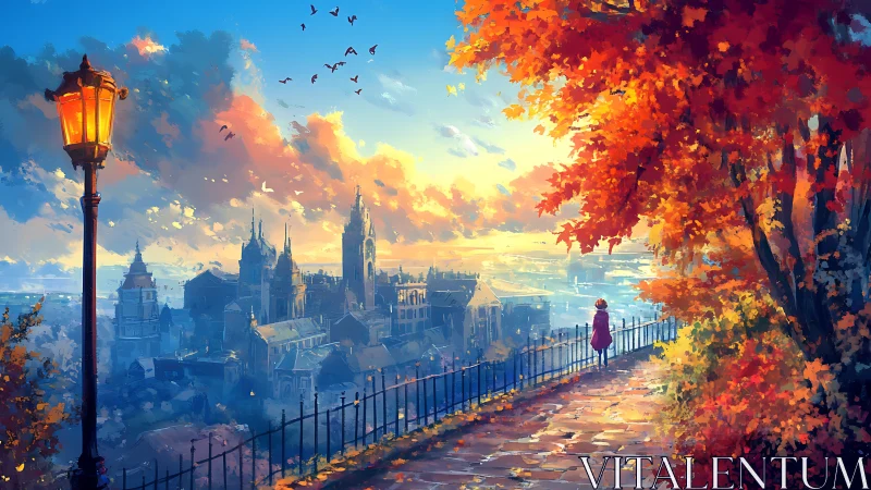 Golden sunset welcomes a quiet stroll above a storybook city