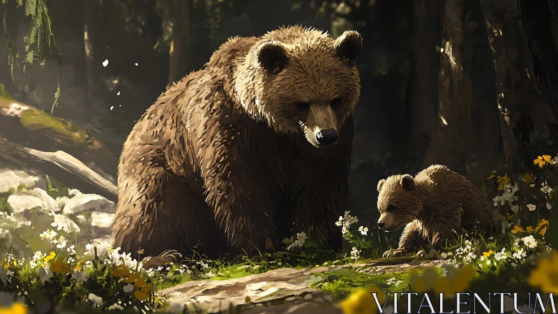 Mother bear gently watches her playful cub in sunlit forest