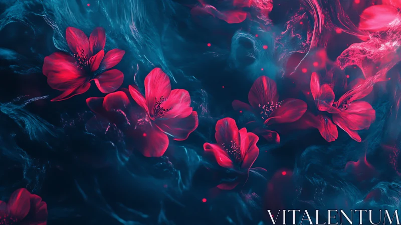 Neon Red Flowers Against Teal Liquid Abstraction