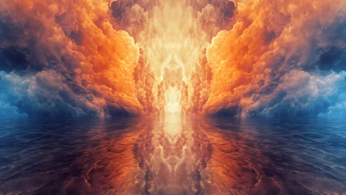 Celestial storm gateway erupts above mirror-still ocean.