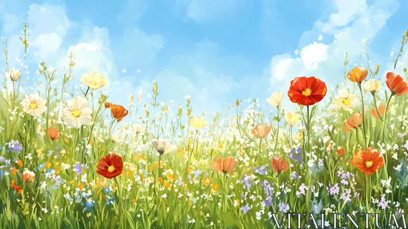 Bright wildflower meadow glowing under a soft summer sky.