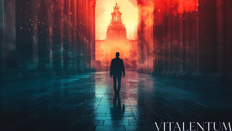 Solitary figure walks toward glowing city gateway of light