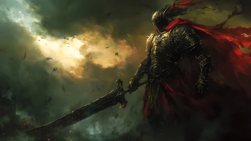Armored warlord with flaming sword amid stormlit ruins.