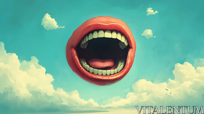 Playful floating mouth singing across a dreamy blue sky.