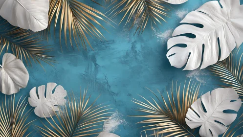 White monstera leaves frame textured turquoise background
