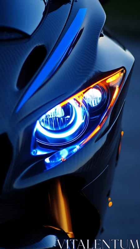 Photorealistic sport bike headlight with neon rim lighting detail.