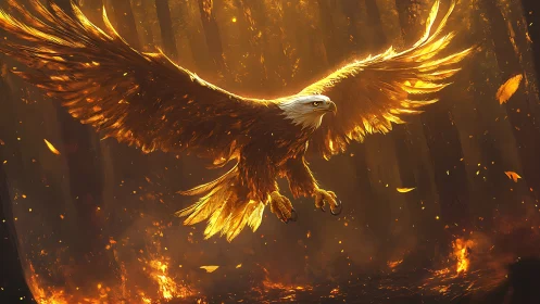 Majestic Bald Eagle Soaring Over Fiery Forest in Digital Art.