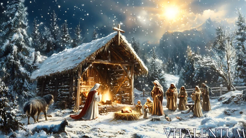 Snow-lit nativity tableau under radiant winter starlight.