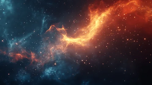 Bicolor interstellar nebula with dense star distribution.