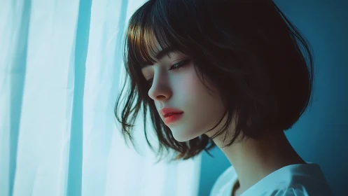 Side profile of young woman near softly lit curtain.