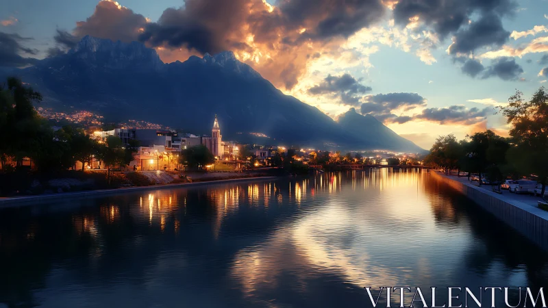 Alpine riverside cityscape under luminous volumetric sunset sky.