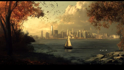 Sailboat glides between autumn shore and glowing skyline