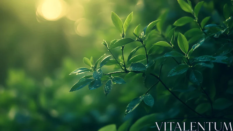 Sunlit Green Leaves in Morning Dew, Nature Photography Style.