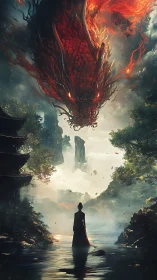 Crimson dragon descending above mystic river sentinel.