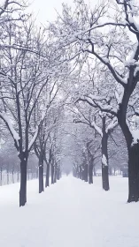 Quiet winter walkway lined with softly snow-capped trees.