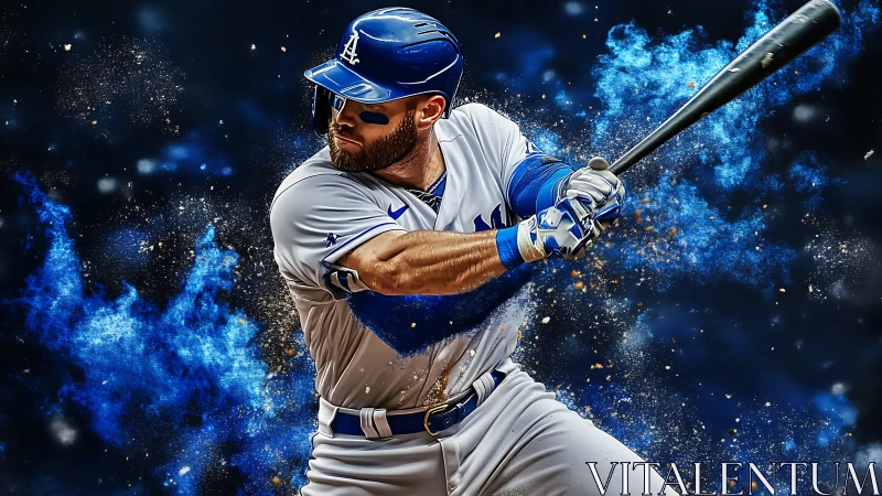 Focused baseball slugger surrounded by vivid blue energy.