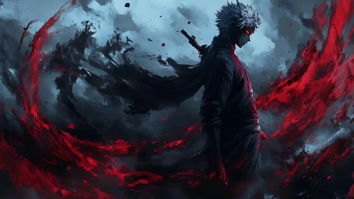Dark swordsman wreathed in crimson energy swirls at dusk.