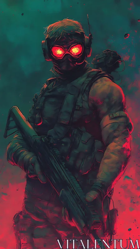 Tactical soldier glows with neon red visor in smoky void.