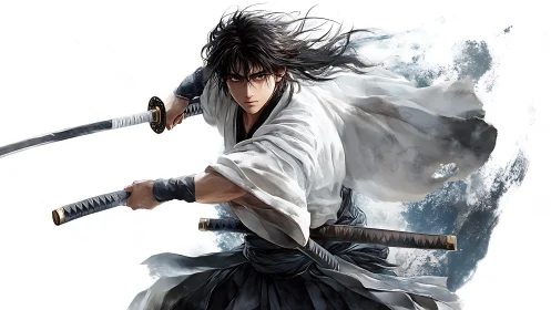 Fierce anime swordsman poised in motion and quiet power.