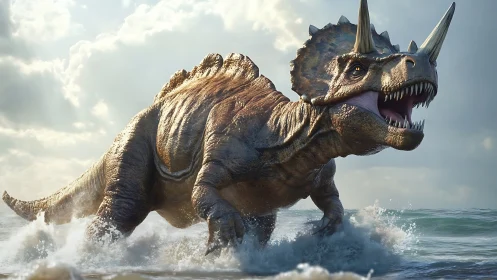 Roaring horned dinosaur splashing boldly through sea waves.