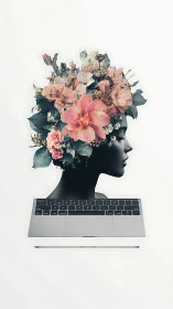 Digital head sculpture with floral bouquet emerging upward.
