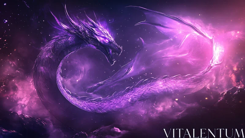 Cosmic purple dragon spiraling through glowing nebula sky.
