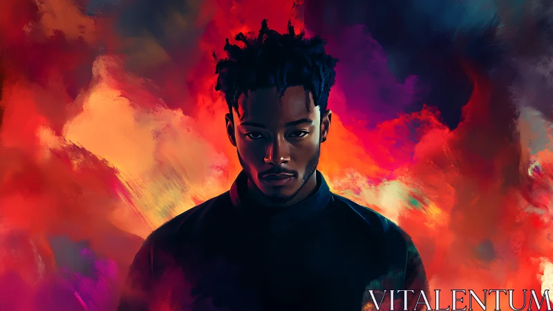 Digital portrait isolates central figure against high-contrast chromatic nebula