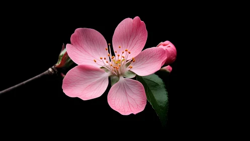 Pink Apple Blossom Branch Against Black Background