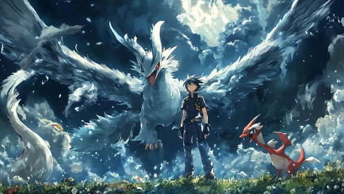 Teen hero with two dragon creatures under stormy sky.