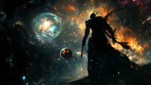 Silhouetted armored figure stands before luminous cosmic spheres