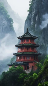 Misty mountain pagoda rising through lush green cliffs.