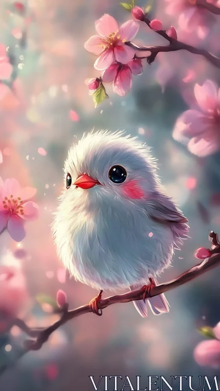 Fluffy Little Bird Among Cherry Blossoms.