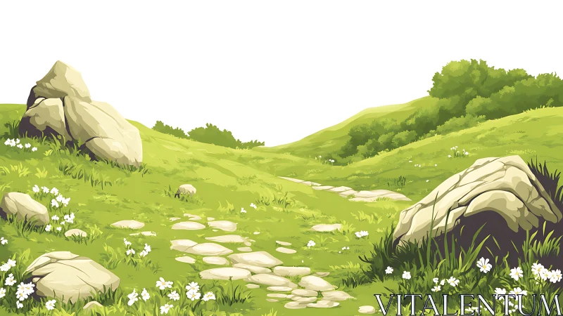 Sunny meadow path winding through gentle green hills.