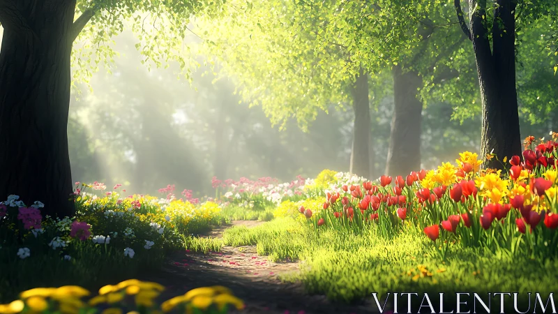 Sunlit forest path with colorful spring flowers, digital art style.