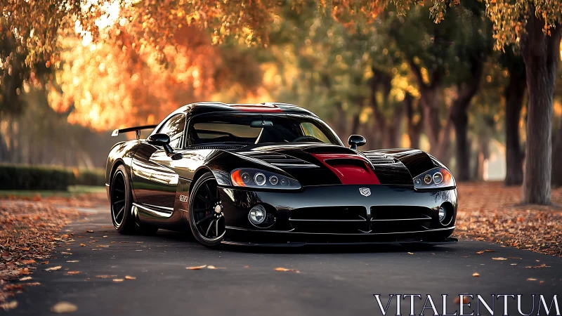 Autumn boulevard bruiser, black Viper prowling in ember light.