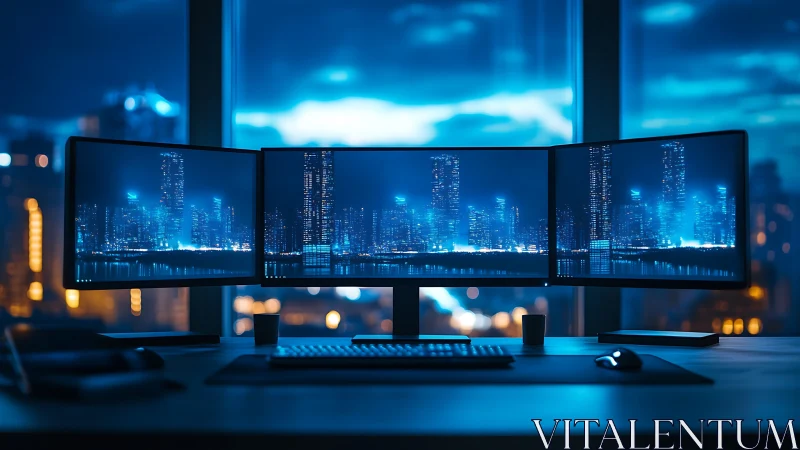 Triple monitor workstation overlooks neon blue city skyline.